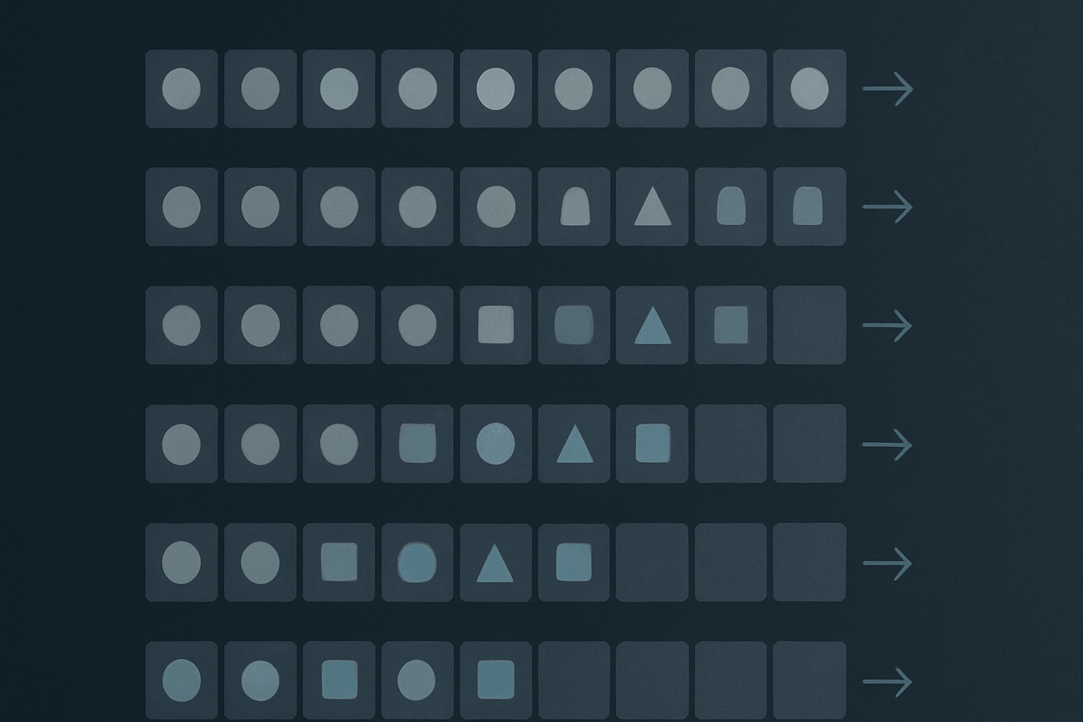 A vertical sequence of token grids representing iterative denoising: top row fully masked, middle rows partially filled with confident predictions, bottom row a fully realized sentence; arrows on the right indicate parallel prediction at every step.