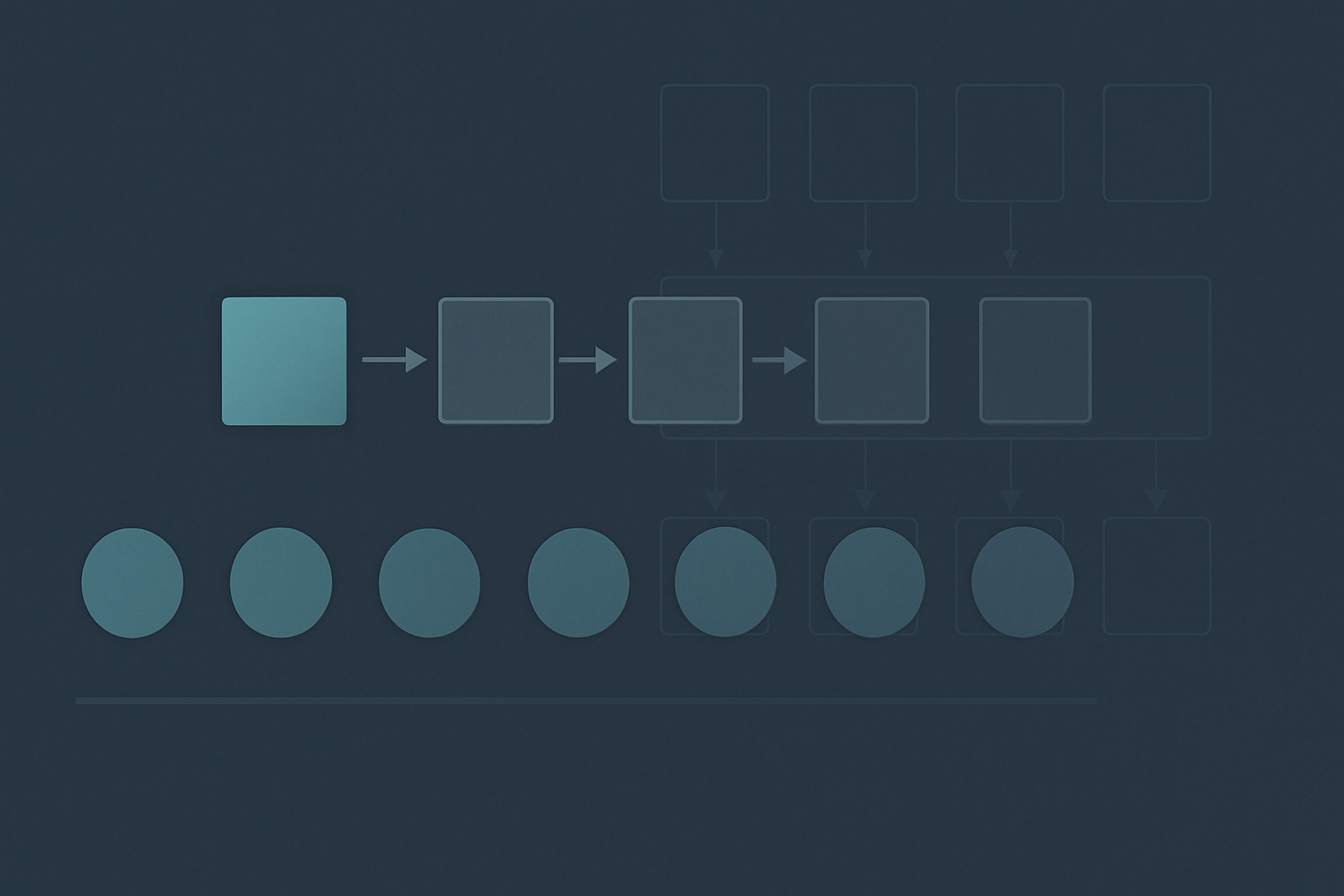 A horizontal sequence of token positions with a fixed-size hidden-state vector running through them, getting updated at each step rather than accumulating a growing cache; the state shape stays constant across positions.