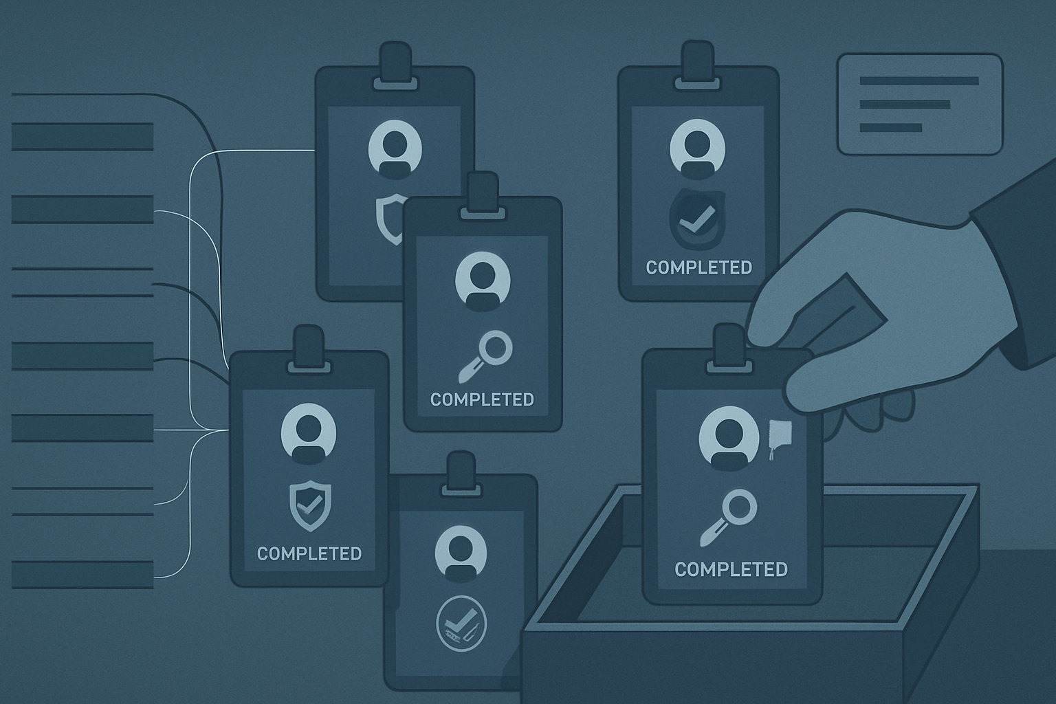 A training roster resolving into a set of role-keyed access badges, with one privileged badge flagged as missing its completion stamp, feeding into an audit sampling tray.