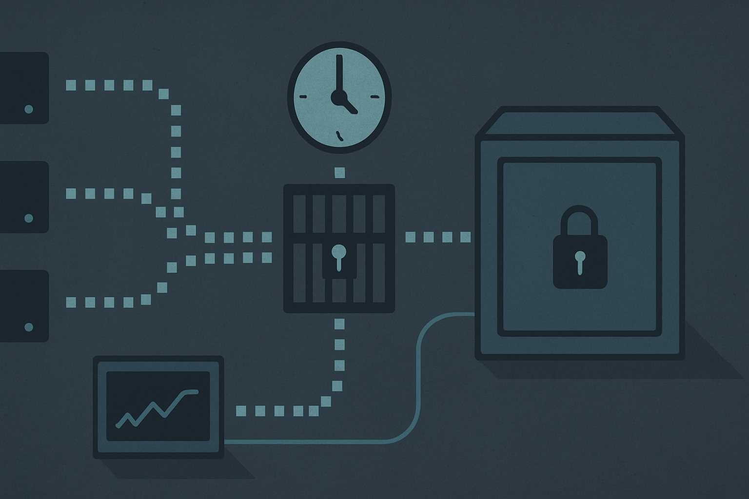 Schematic of an audit trail: timestamped event records streaming from several hosts into a sealed, append-only store guarded against the administrators feeding it.