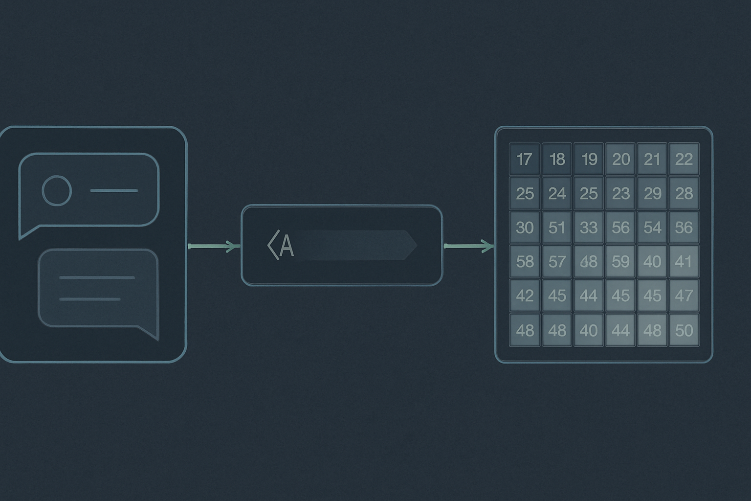 Three-pane horizontal layout: a stylized chat message bubble on the left, a flat templated string with special-token glyphs in the middle, and a grid of integer token IDs on the right, connected by left-to-right flow lines.