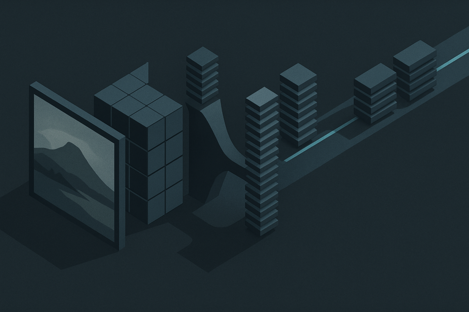Isometric pipeline of an image being split into patches, processed into vectors by a vision encoder, narrowed through a projector, and joining a horizontal stream of text-derived vectors.