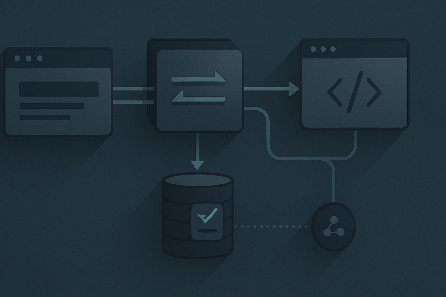Schematic of an intercepting proxy sitting between a browser and a web application, with HTTP requests paused mid-flight and a scanner branch auditing them for injection points.