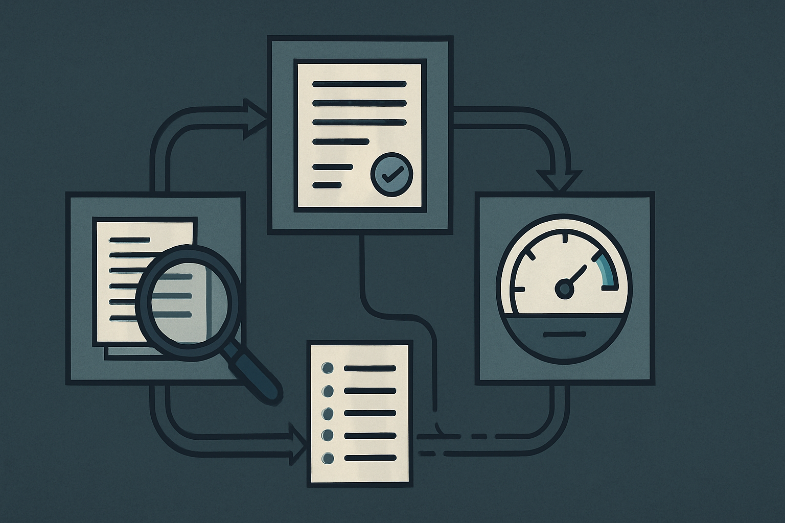 A closed feedback loop joining an assessment magnifier, a signed authorization document, and a monitoring dial that feeds back to the start.