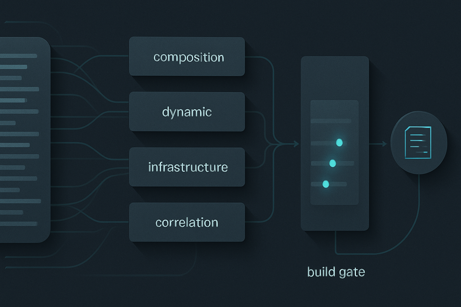 Schematic of source code flowing through several stacked analysis engines into a single correlation layer, a few findings highlighted and routed onward, an AI agent node branching off to draft a fix.