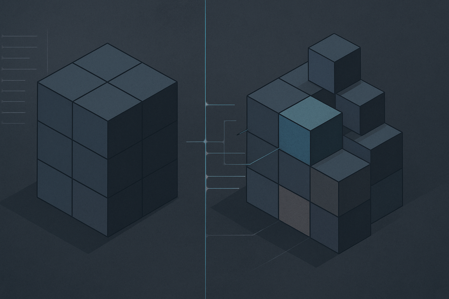 A golden master image on the left diverging from a running system on the right, with a diff highlighting drifted configuration settings between them.