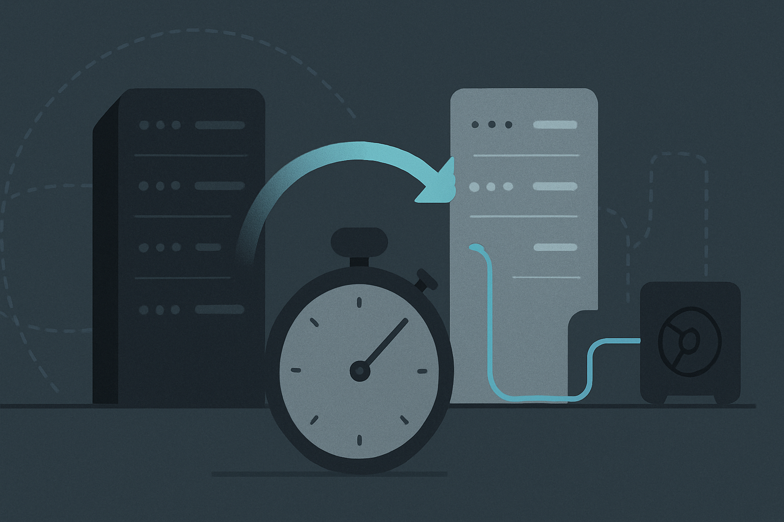 Schematic of a primary processing site failing over to an alternate site, with a backup data stream feeding the alternate while a recovery-time clock counts in the foreground.