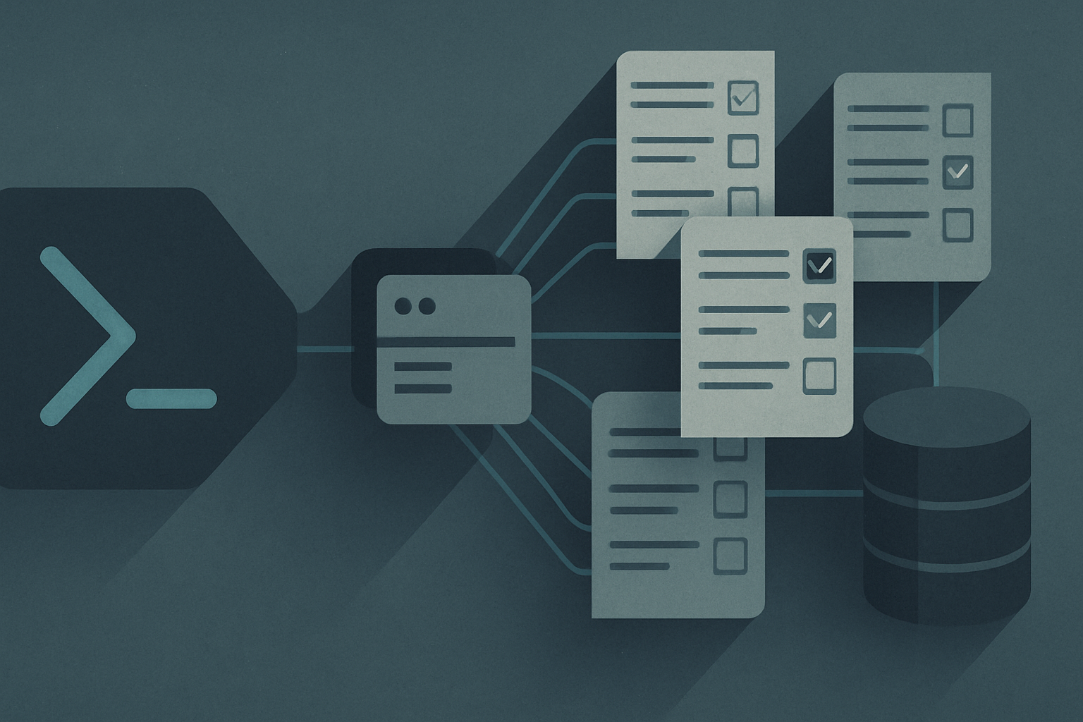 A PowerShell automation engine fanning a single host out into a stack of checklist files, the files flowing toward a central collector that resembles a STIG Manager database.