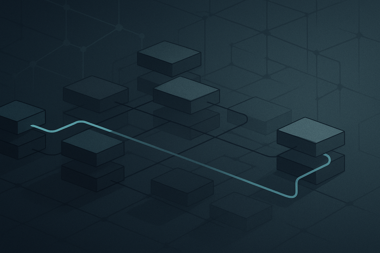 A dataflow taint path traced through abstract stacked code blocks, a tainted input on one edge propagating along thin connective lines to a vulnerable sink, most paths dimmed and one highlighted.