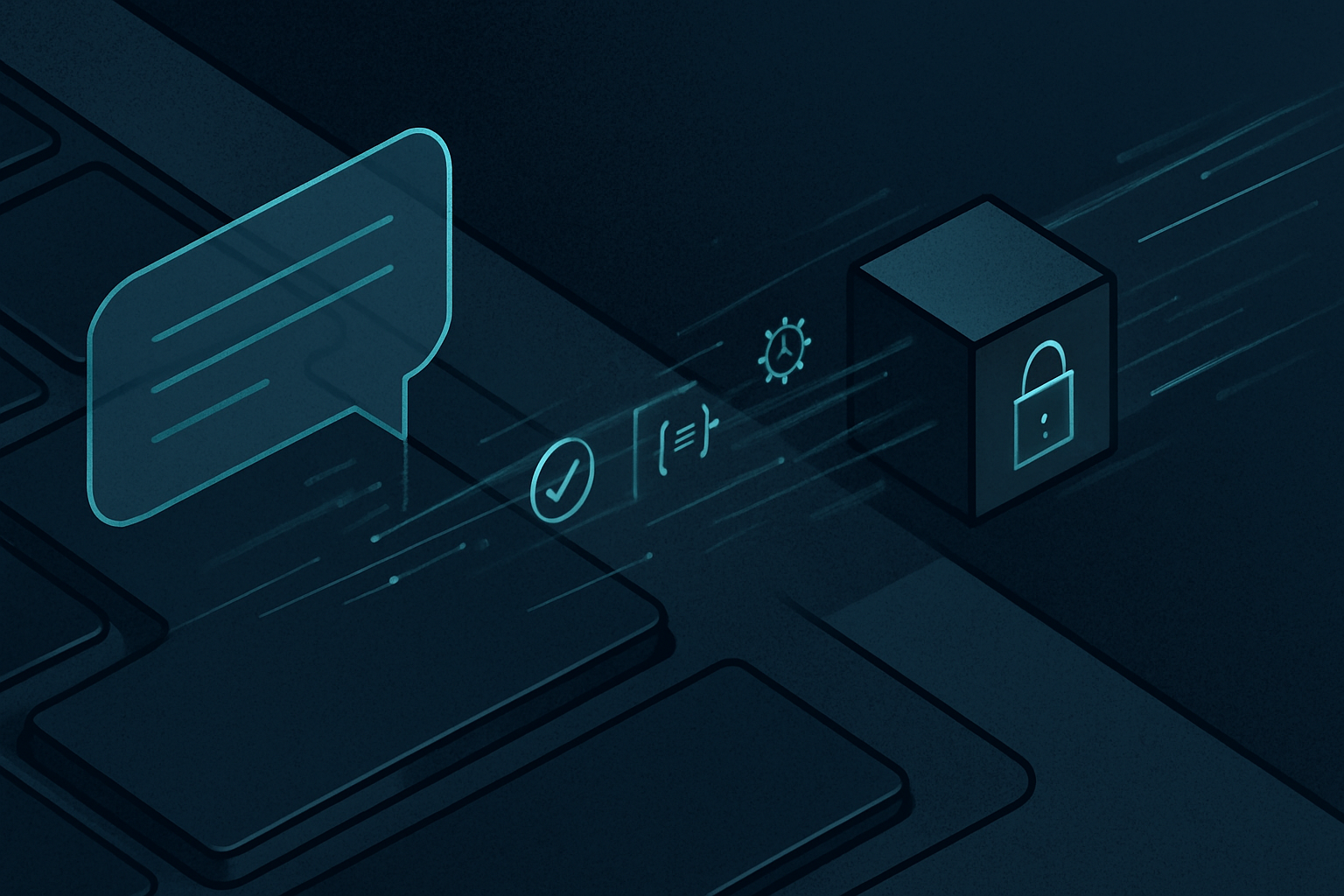 Isometric scene of an Enter key, a chat message bubble transforming into a JSON object, and an encrypted packet leaving the laptop.