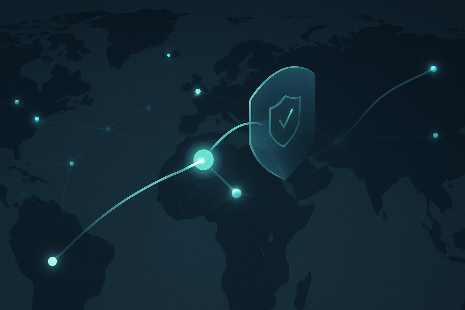 World map with a user's packet hitting the nearest edge node, passing a translucent shield, and routing along a curved line to a distant datacenter region.