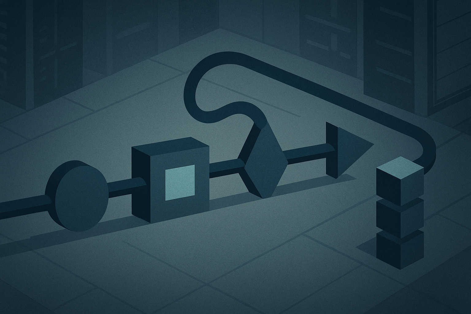 Horizontal gateway pipeline with checkpoints for auth, quota, billing, moderation, and routing, with a cache-hit branch peeling off near the cache checkpoint and looping back toward the start.