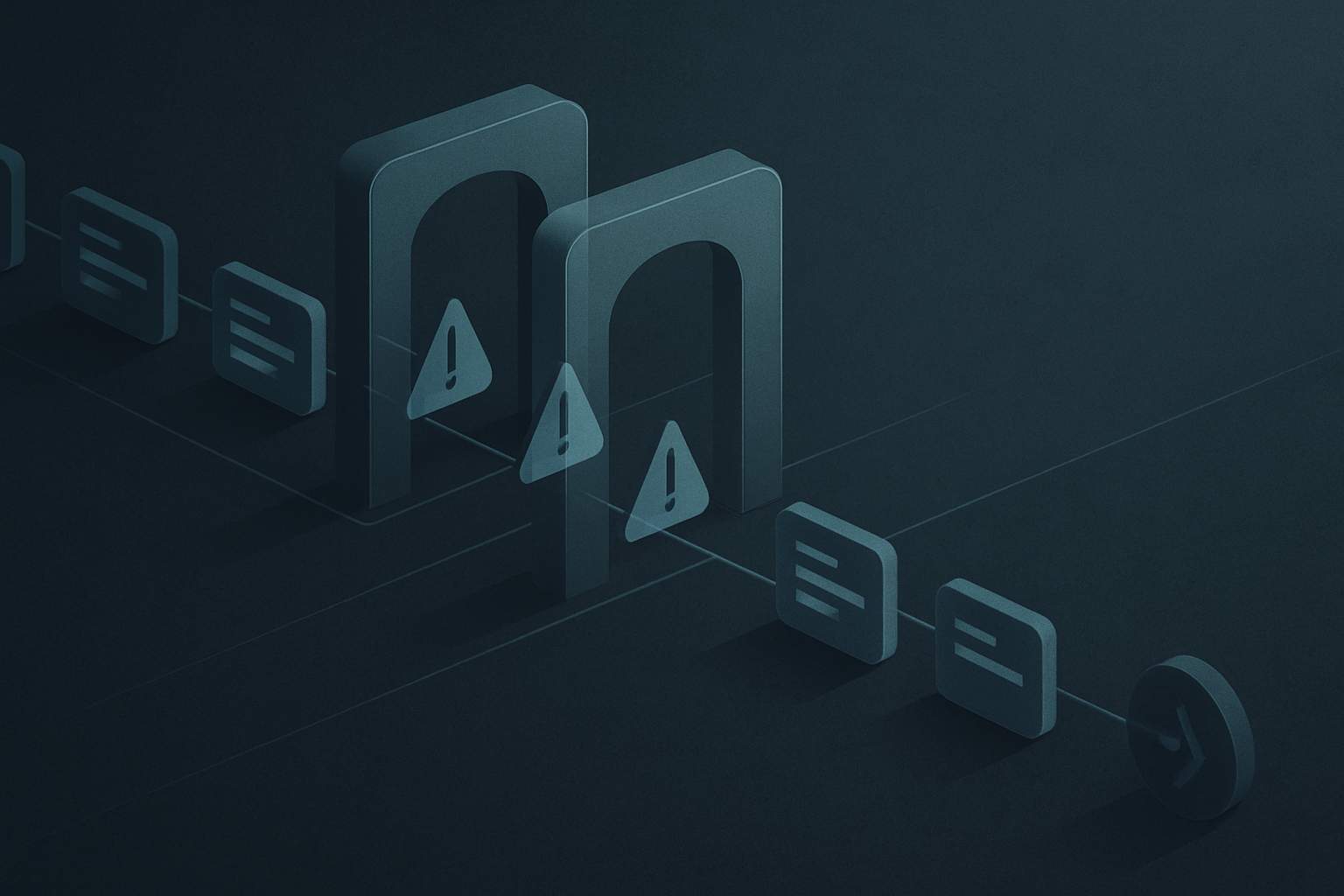 An abstract code pipeline with security gates positioned at the pull-request stage, alerts surfacing inline before a merge.
