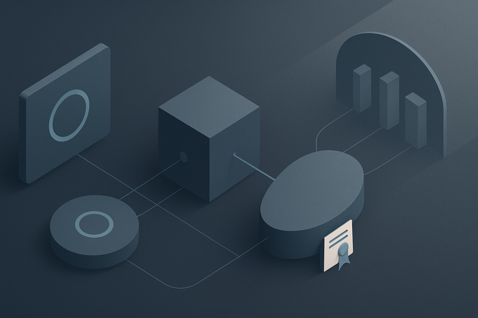 A schematic of an identity claim being proven: a credential token presenting to a verifier, a second factor resolving alongside it, and a validated identity passing forward into a separate set of authorization gates.