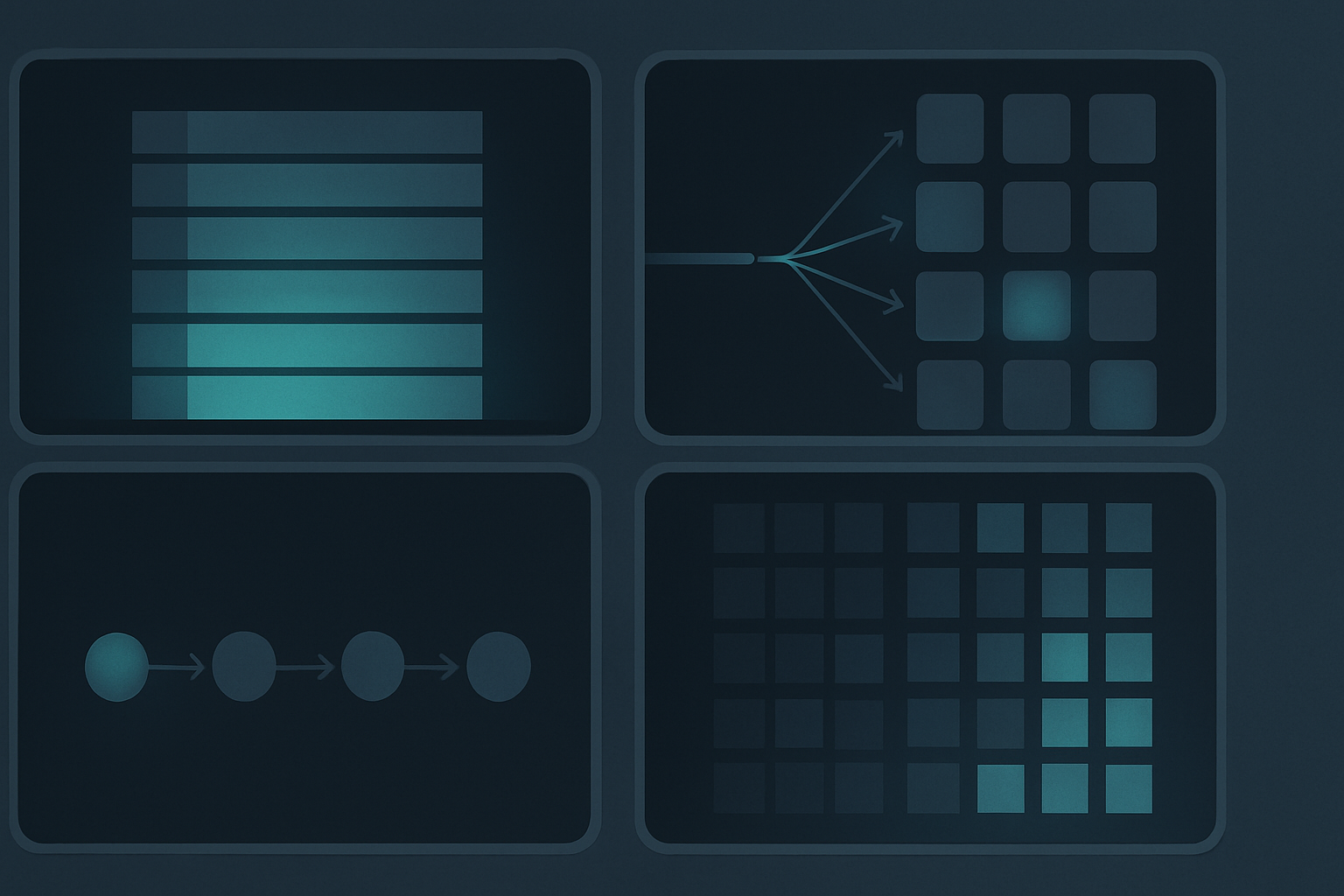 Four schematic interiors (dense layer stack, MoE router with experts, recurrent state-space chain, masked diffusion grid) under the same outer API shell.