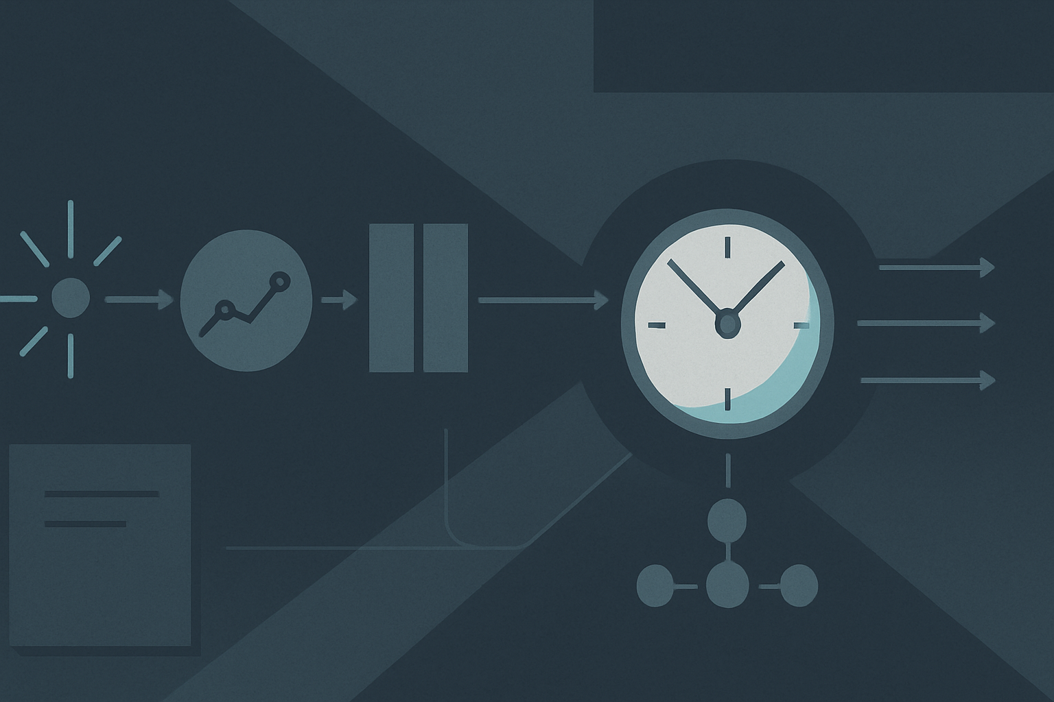 A schematic incident timeline running left to right: a detection spark, a containment gate, and a reporting clock face with a short deadline marked, the whole thing feeding into a coordination hub.