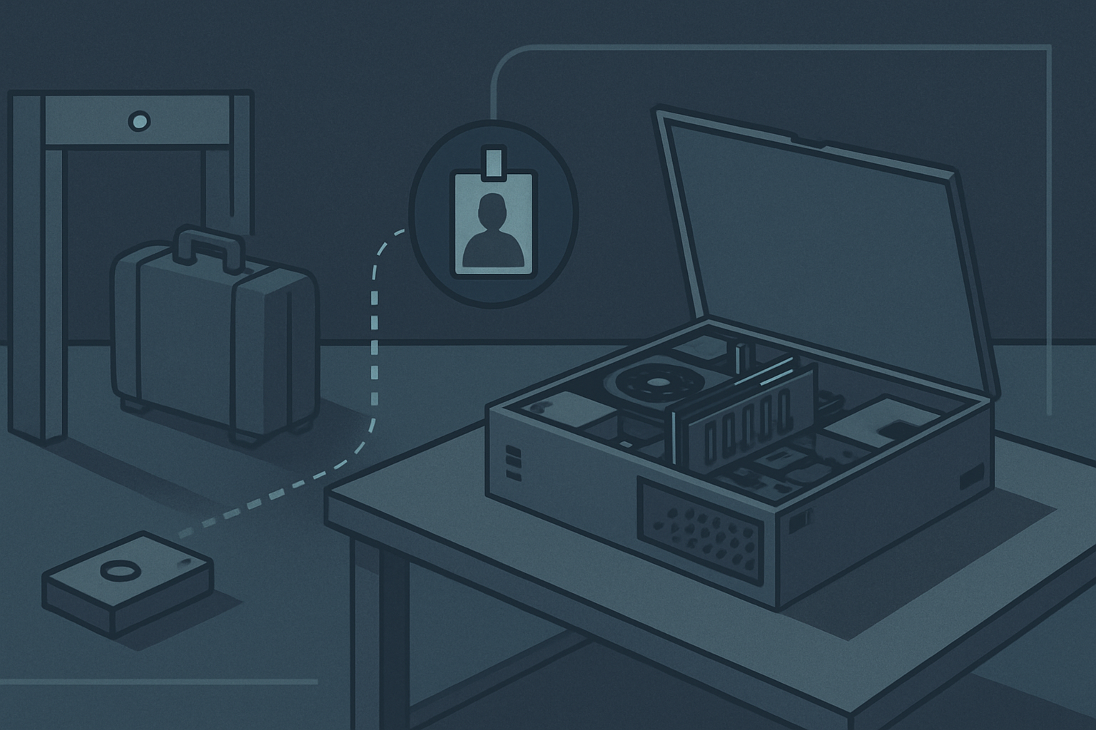 Schematic of a maintenance bench: a system chassis opened under an escort badge, a technician's tool case being inspected at a checkpoint, and a faint remote-session line reaching in from outside the boundary.