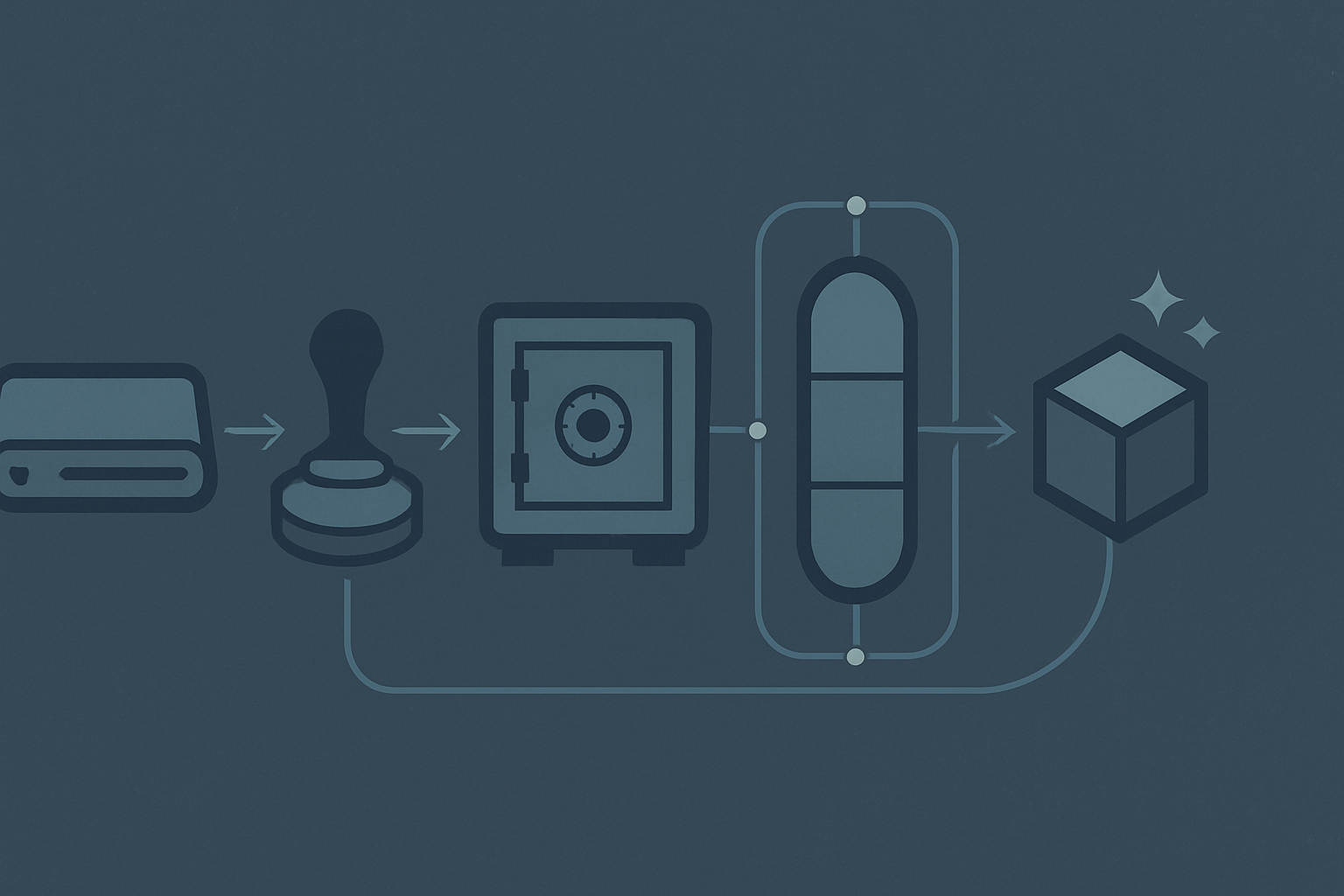 A schematic of media moving through a controlled lifecycle: a labeled drive resolving through marking, locked storage, and a sealed transit chain, ending at a sanitization step that splits into clear, purge, and destroy paths.