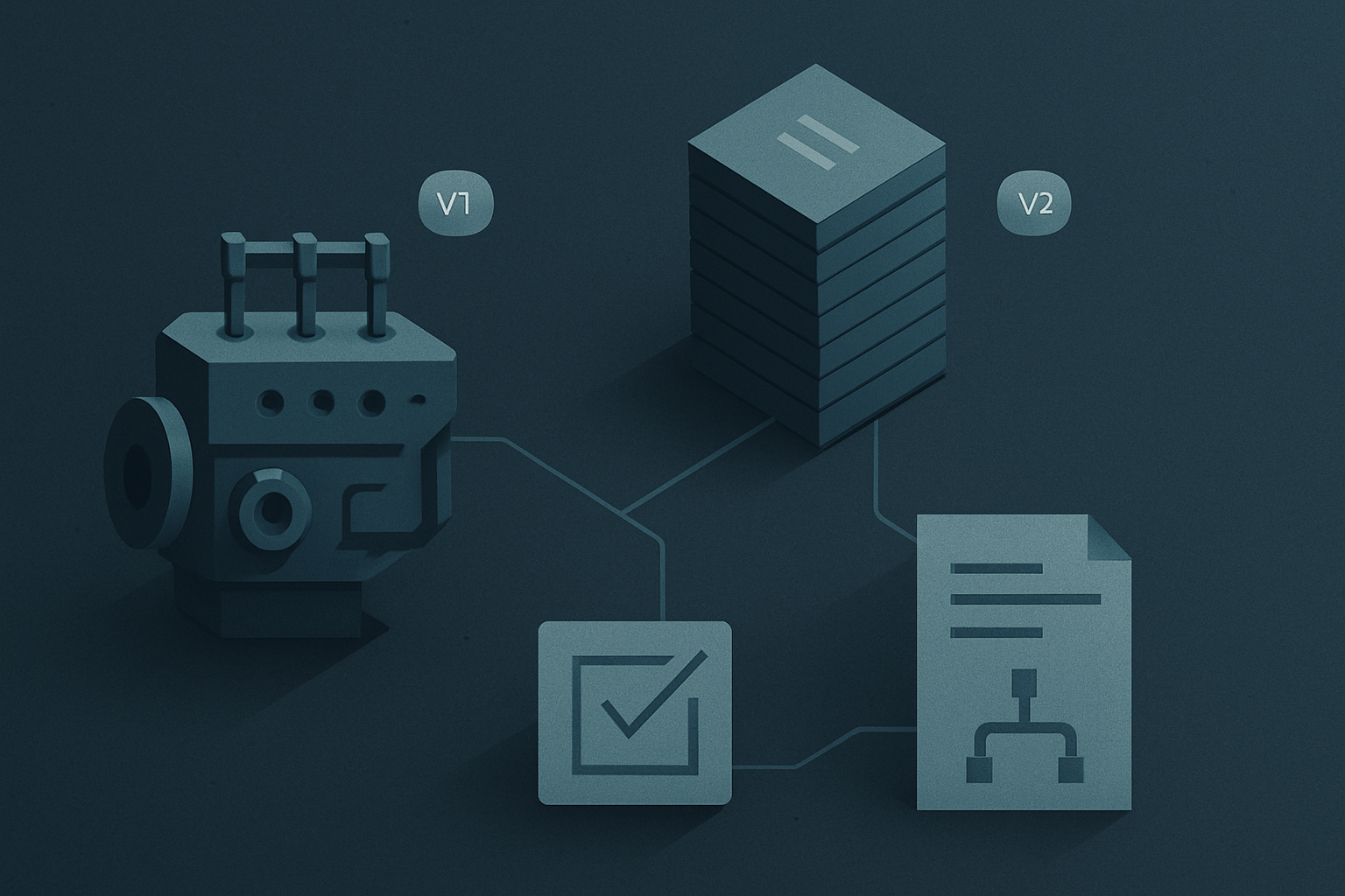 A schematic of a scanning engine reading a separate stack of policy content, the two feeding into a results report and a remediation playbook.