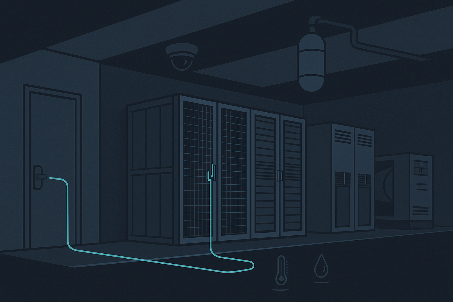 A datacenter floor cutaway showing a badge-reader door, a camera dome, a UPS bank, and a fire-suppression cylinder, with one path traced from the entry door to a locked cage.