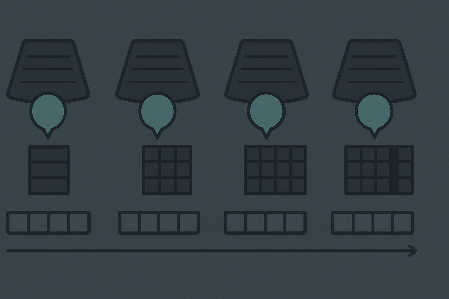 A horizontal strip showing successive decode steps: a sequence of tokens emerging one at a time on the left, with the KV cache visualized as a growing rectangular block that adds one column per step while previous columns stay frozen.