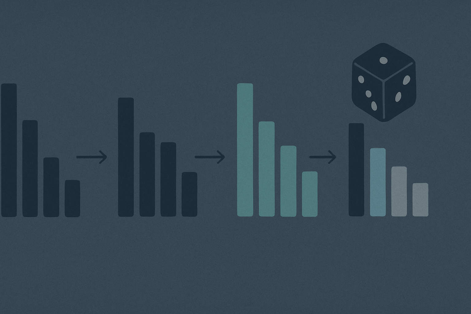 A bar chart showing raw logits over candidate tokens, transformed in stages: penalties applied, temperature-scaled, top-p / nucleus cut, finally sampled. A die symbol lands on the final pick.