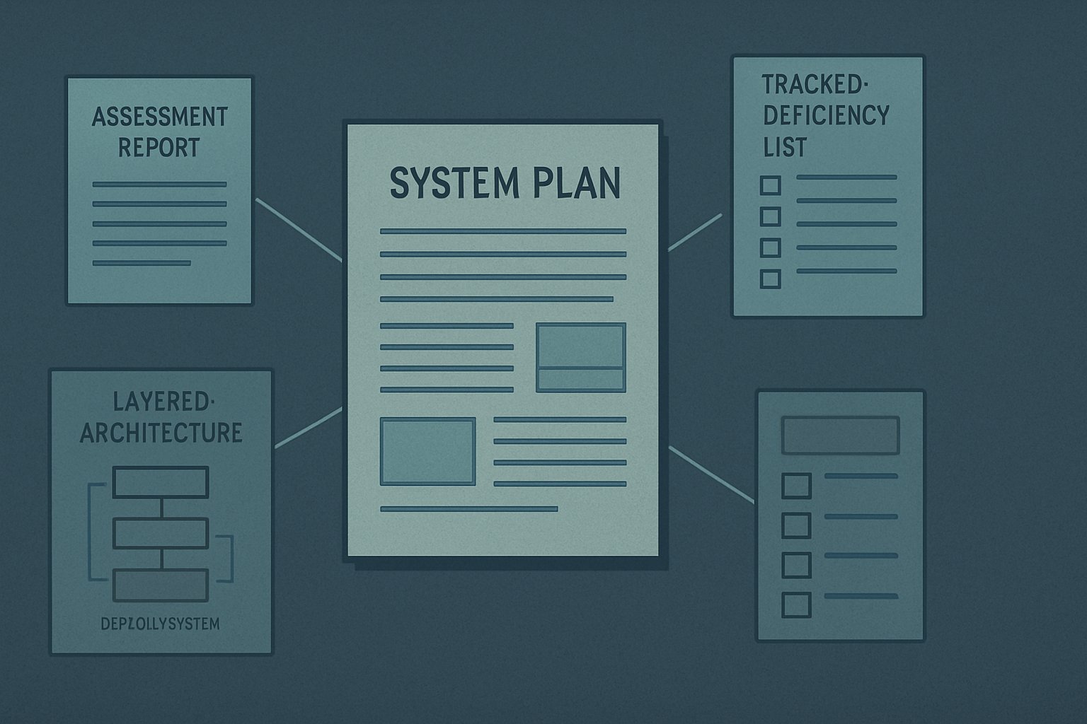 A system security plan rendered as a central document with reference lines radiating out to an assessment report, a POA&M, an architecture diagram, and a selected control baseline.