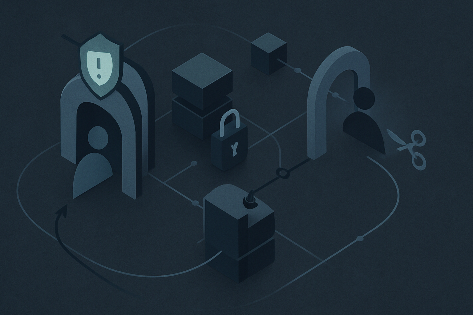 A schematic of the employment lifecycle as a loop: an applicant figure passing through a screening gate, into an access enclave, then out through a termination gate, with a credential being revoked at exit.