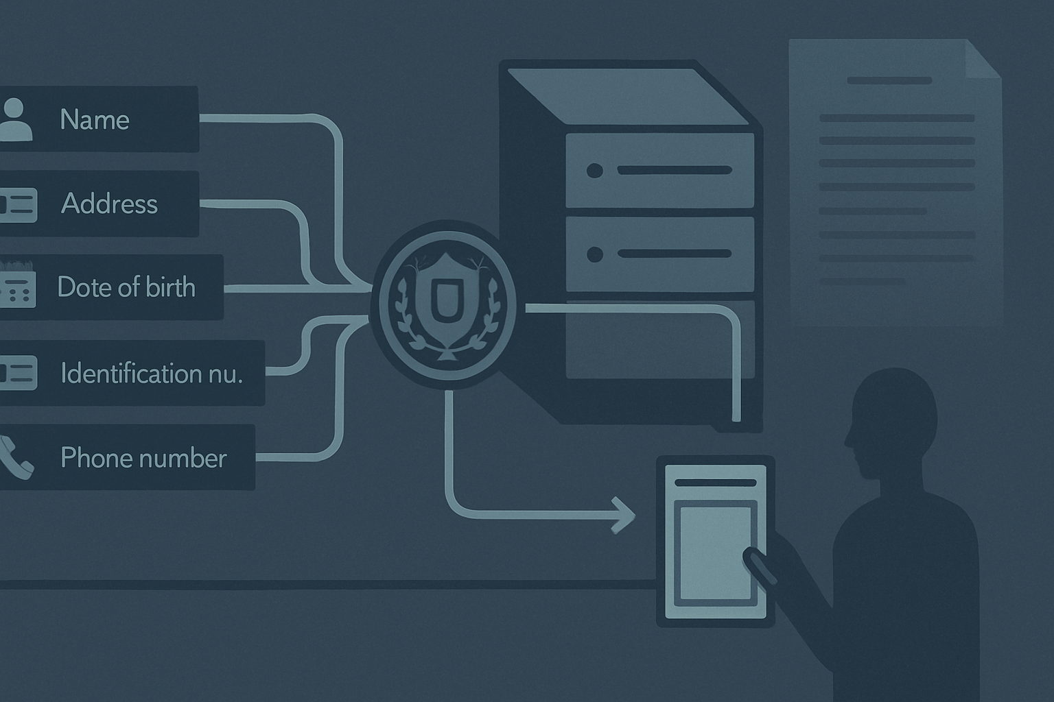 A privacy notice rendered as a layered document, a flow of personal data fields passing a gate marked with a legal authority seal before entering a records system, a separate channel showing an individual being given a notice card.
