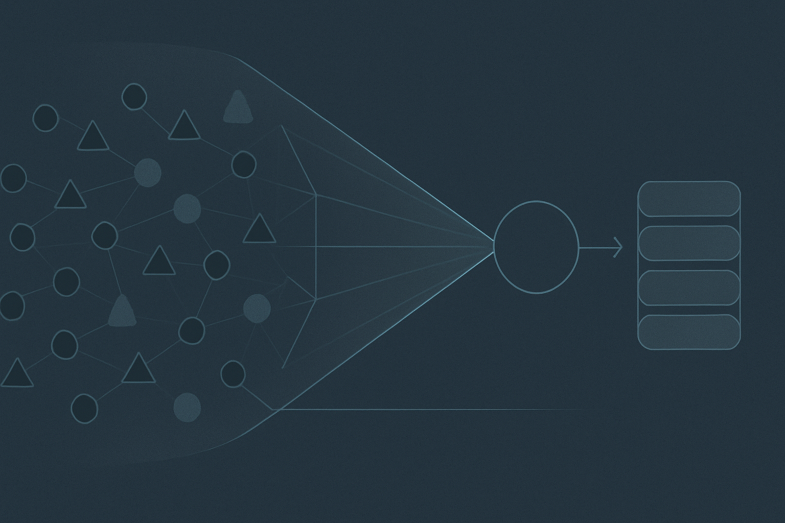 Schematic of a risk funnel: a wide field of scattered threat and vulnerability tokens narrowing through an impact-rating gate into a single prioritized risk decision feeding a tracked remediation queue.