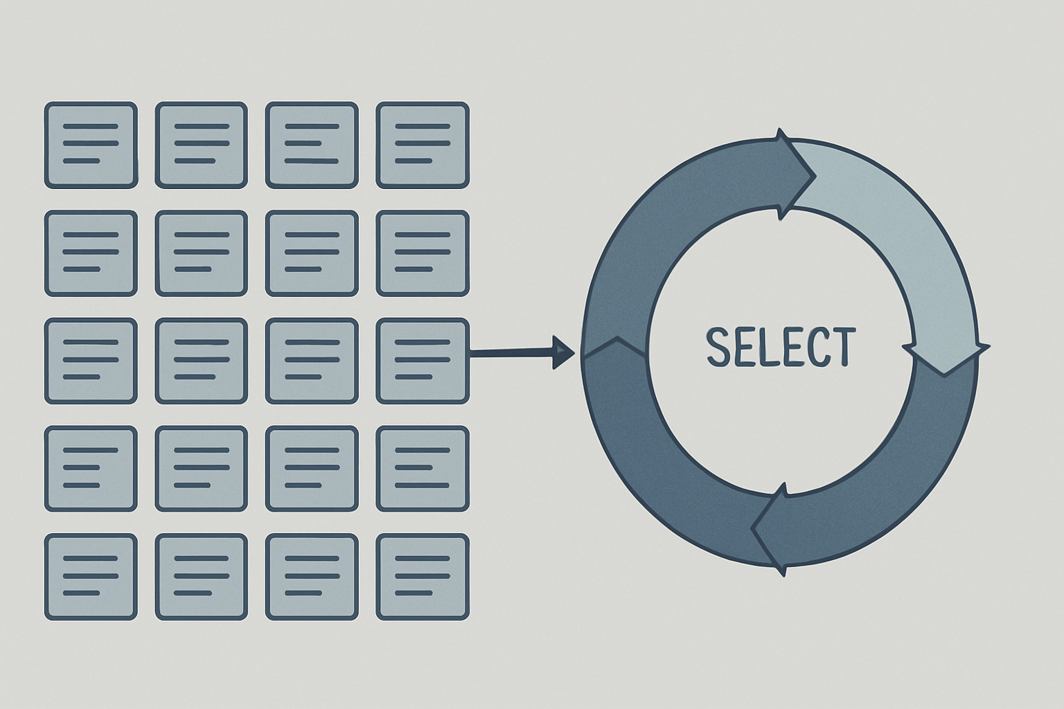 Schematic of the SP 800-53 catalog as a grid of twenty labeled family blocks, with a single arrow feeding the grid into the Select stage of a small RMF loop.
