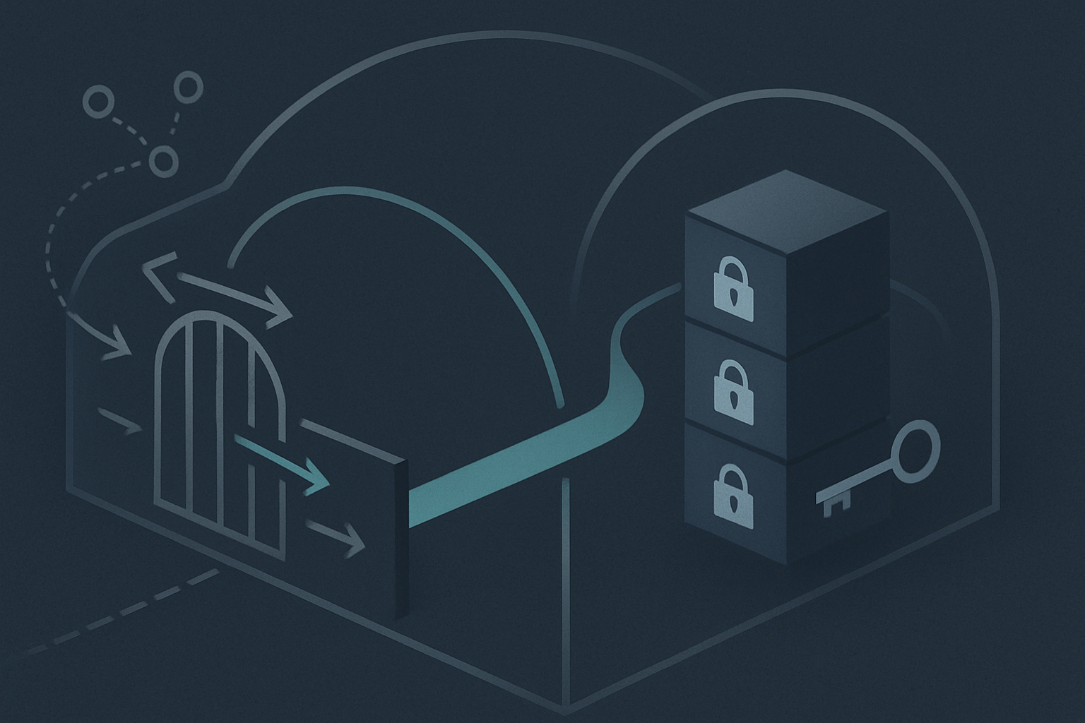 A network boundary rendered as a layered perimeter: an outer managed interface filtering traffic, an encrypted tunnel crossing it, and an inner enclave of data blocks shown locked at rest.