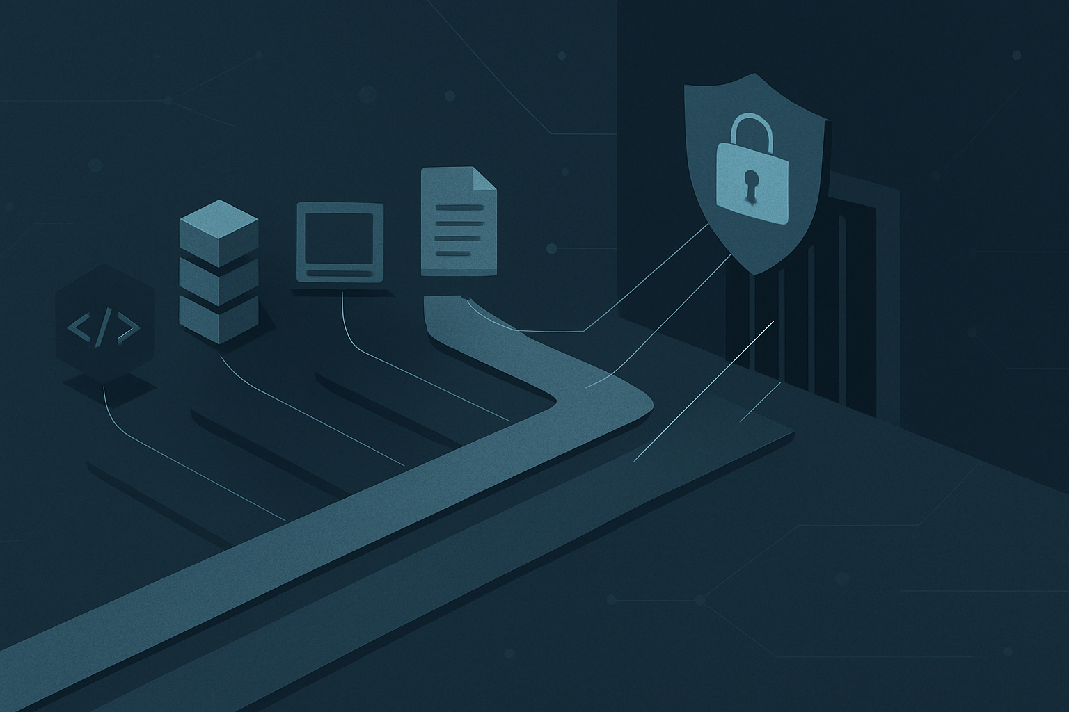 A schematic routing diagram with five labeled lanes feeding scan results into a central authorization boundary.
