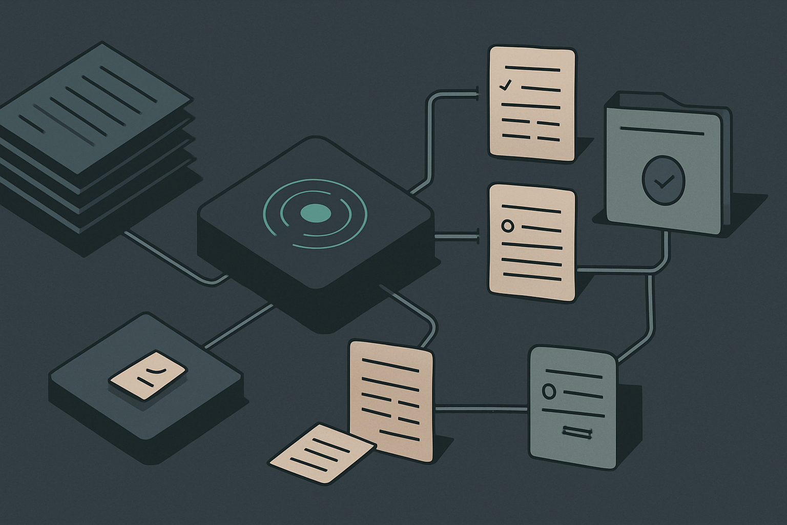 A schematic engine ingesting a stack of benchmark documents and emitting structured compliance result cards routed toward a review queue and an authorization file.
