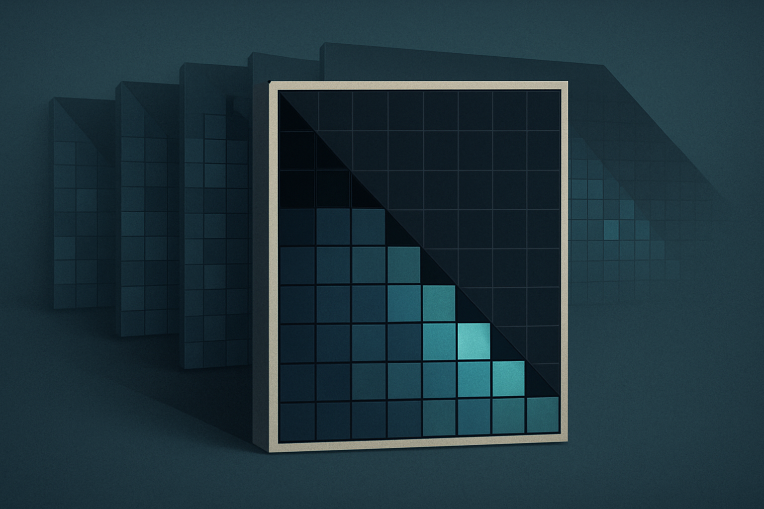 A square grid heatmap of attention scores between tokens, with the upper-triangular region blacked out by the causal mask. Smaller heatmap versions fanned out behind it suggest parallel attention heads learning different patterns.