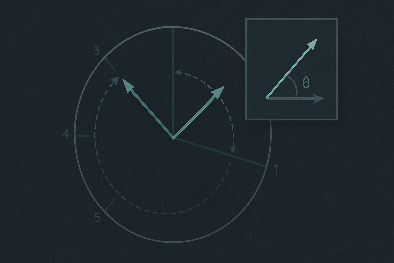 Two vectors drawn on a circle at different angles, each with arrows showing the rotation they have undergone. A small inset shows their dot product depending only on the angular difference between them, not on the absolute angles.