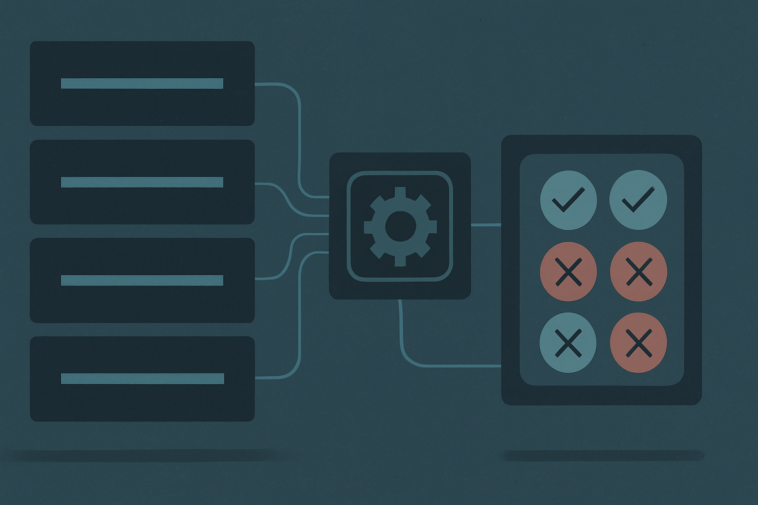 Schematic of a layered XML content stack feeding a scan engine, which emits a results bundle into a compliance dashboard.