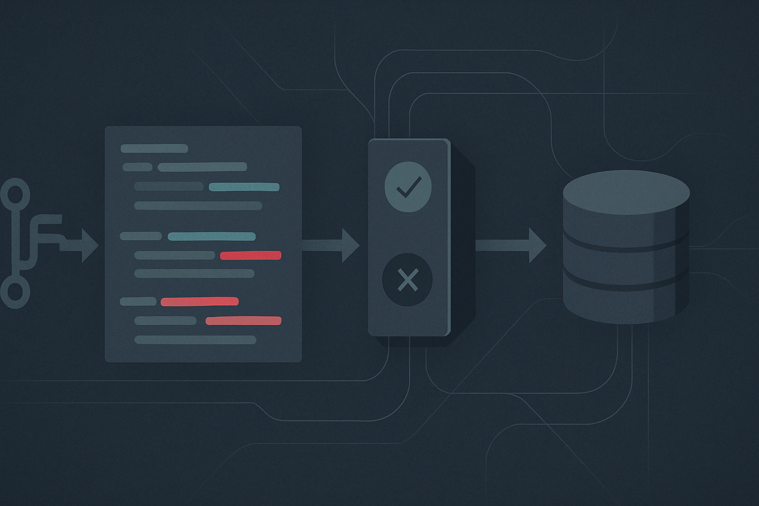 Schematic of a source-code pull request passing through a quality gate, with new-code lines highlighted and a few flagged, gating a CI pipeline downstream.