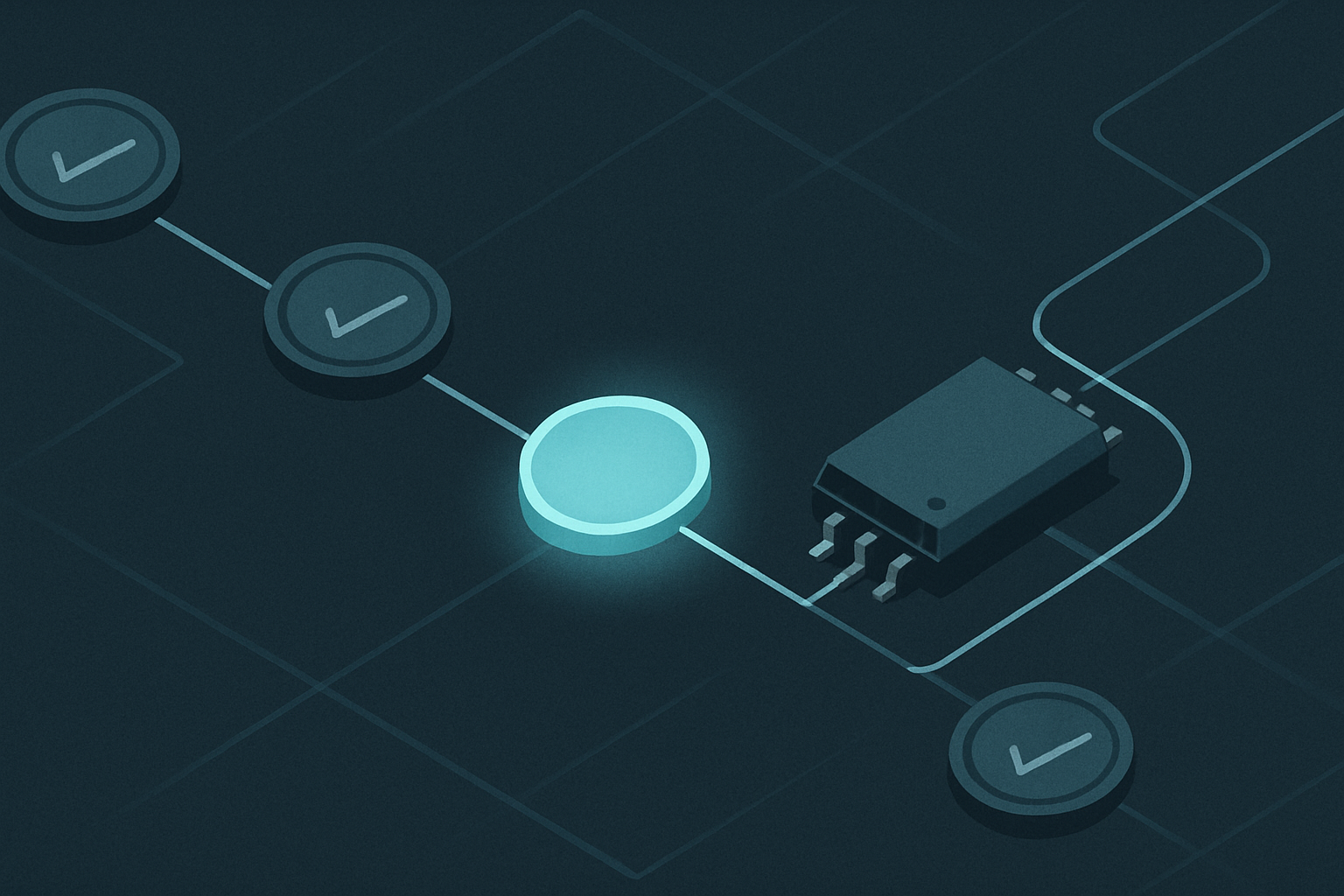 A hardware component traveling a chain-of-custody path through several supplier waypoints, with verification seals at each stage and one waypoint flagged as unverified.