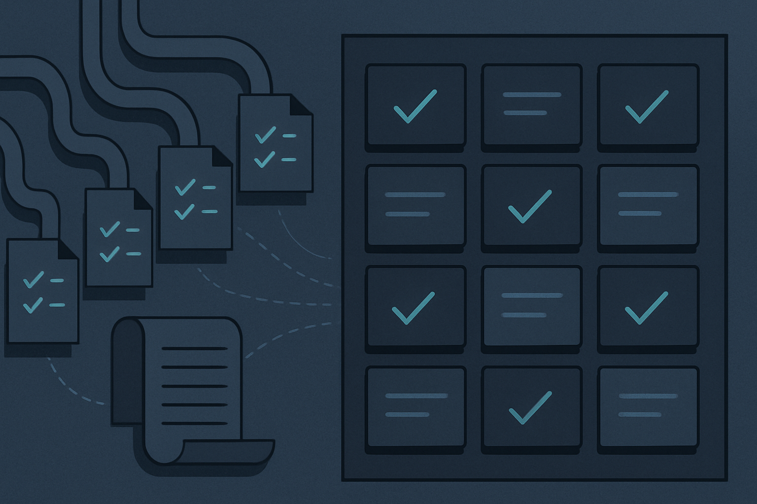 Conceptual console aggregating many checklist documents from several feeder sources into a single tracked review board.