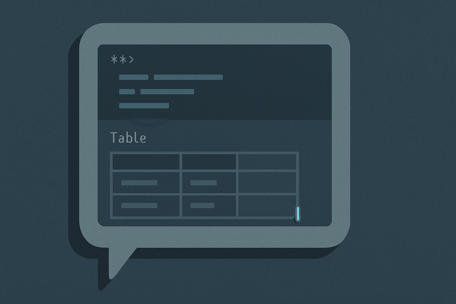A chat bubble progressively filling in token by token, with a fenced code block and a Markdown table materializing as content arrives, while later text is still rendering.