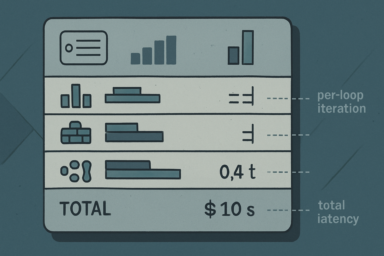 A stylized usage summary card with four token-class rows (input, output, cached, reasoning) each with a count and a rate, plus a total cost and total latency at the bottom, with small per-loop annotations on the side.