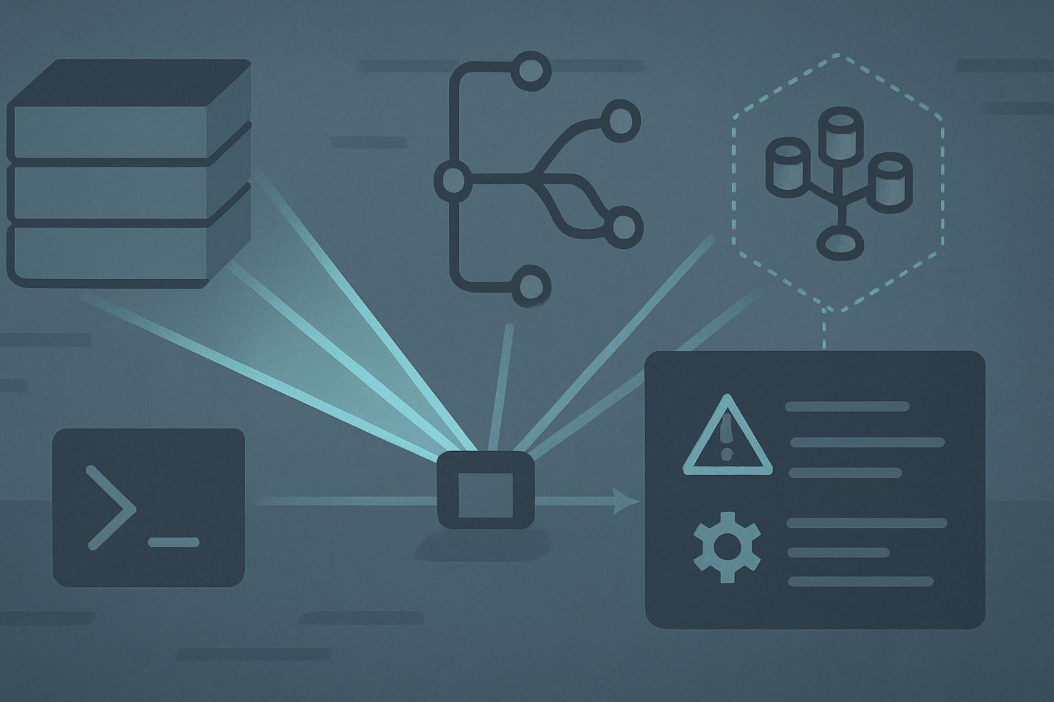 A single binary fanning out scan beams across container layers, an IaC config file, a git tree, and a Kubernetes cluster, with findings flowing back into one report.