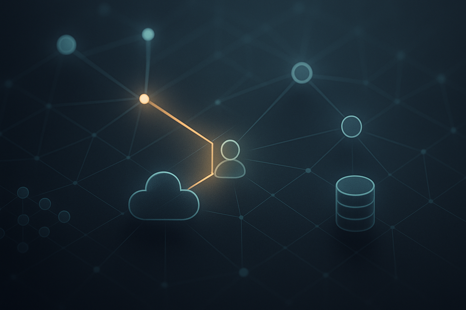 An abstract cloud security graph: nodes for resources, identities, and data linked by edges, with a single attack path lighting up from an exposed node through to a sensitive data store.